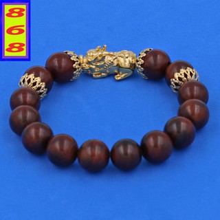 Chuỗi đeo tay Gỗ Đàn Hương Nâu 12 ly - cẩn Tỳ Hưu Phong Thủy inox vàng, vòng tay chuỗi hạt