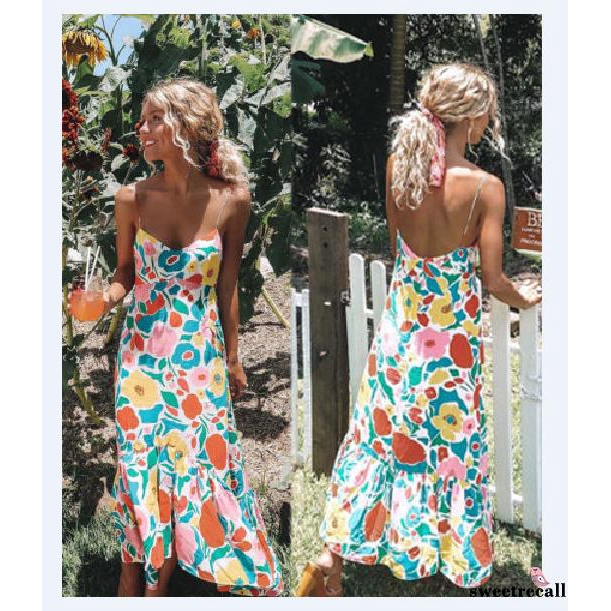 Women's Colorful Floral Pattern Dress, Sleeveless V-Neck Dress, Long One-Piece Clothes
