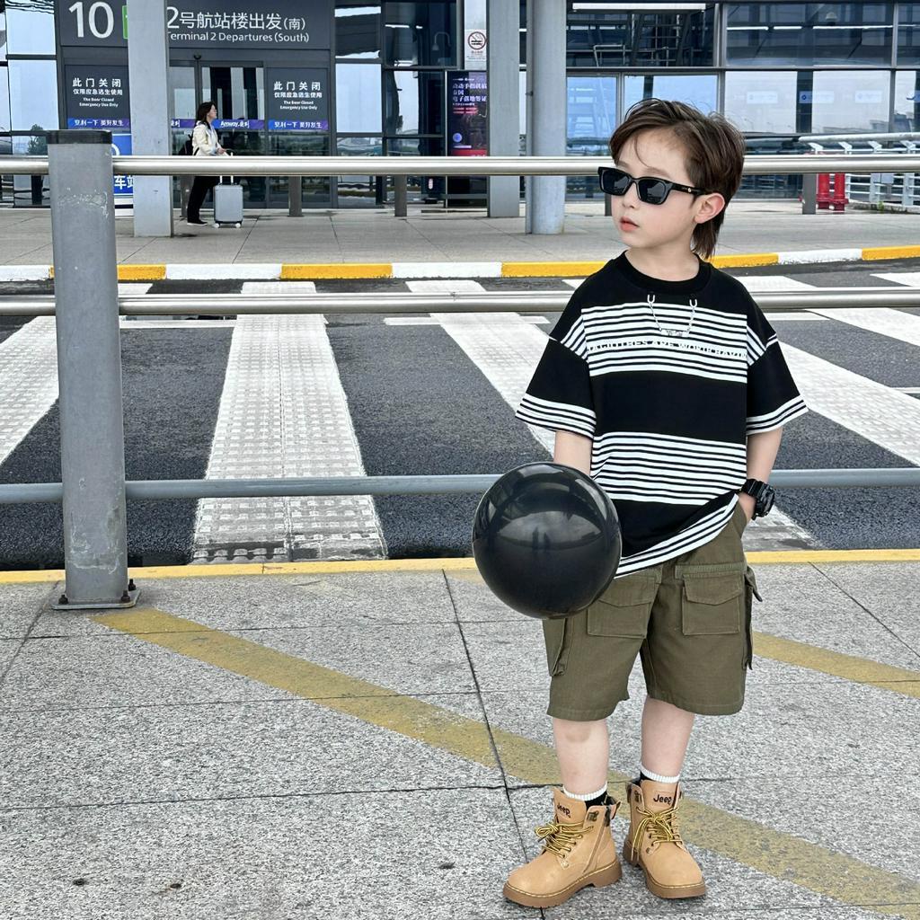 ÁO PHÔNG CHO BÉ TRAI , ÁO THUN CỘC TAY KẺ ĐEN TRẮNG