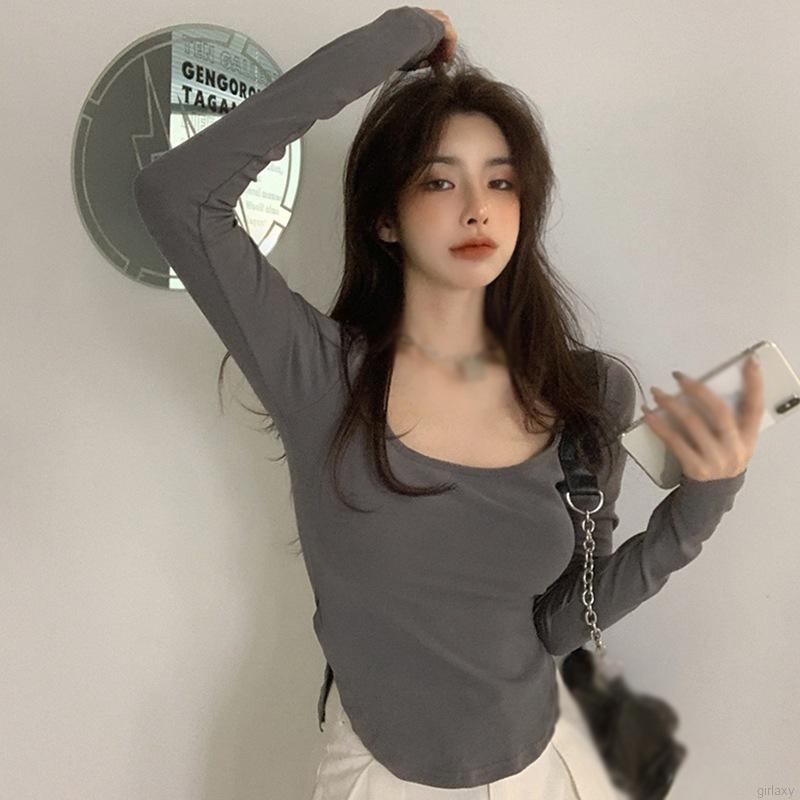 Áo Thun Tay Dài Cổ Thấp Màu Sắc Đơn Giản Phong Cách Hàn Quốc Thời Trang Cho Nữ