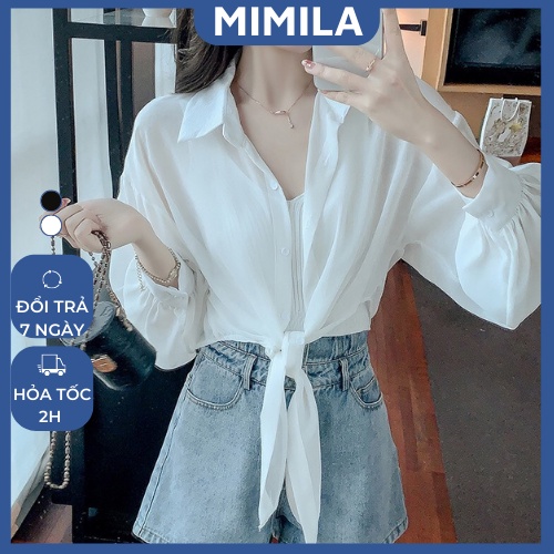 Áo Sơmi Voan Croptop Mỏng Mặc Khoác Ngoài Mimila Sơ Mi Dài Tay Dáng Rộng Buộc Vạt - Ma037