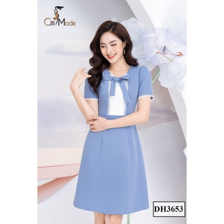 Đầm A xanh phối nơ ngực DH3653