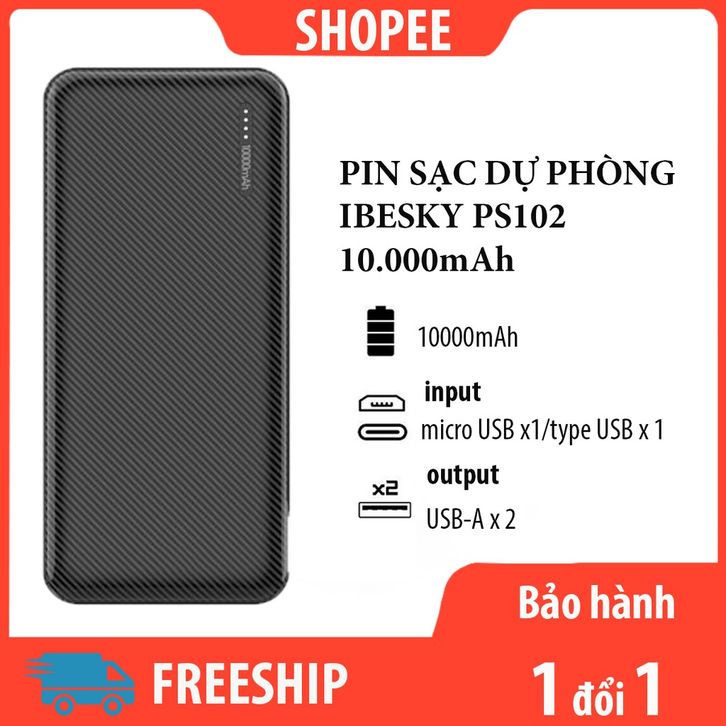 [BH 12T] Pin sạc dự phòng ibesky PS102 10.000mah tự động ngắt điện khi thiết bị đầy pin