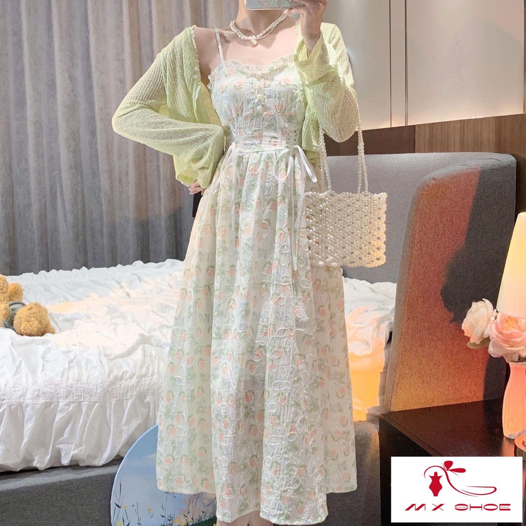 M & X ~  Set Đầm Hai Dây Cardigan Mỏng Ôm Eo Chống Nắng Cỡ Lớn