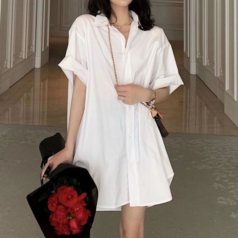 Áo Sơ Mi Trắng Dài Vừa Dáng Rộng Thời Trang Mùa Hè Hàn Quốc Mới Cho Nữ