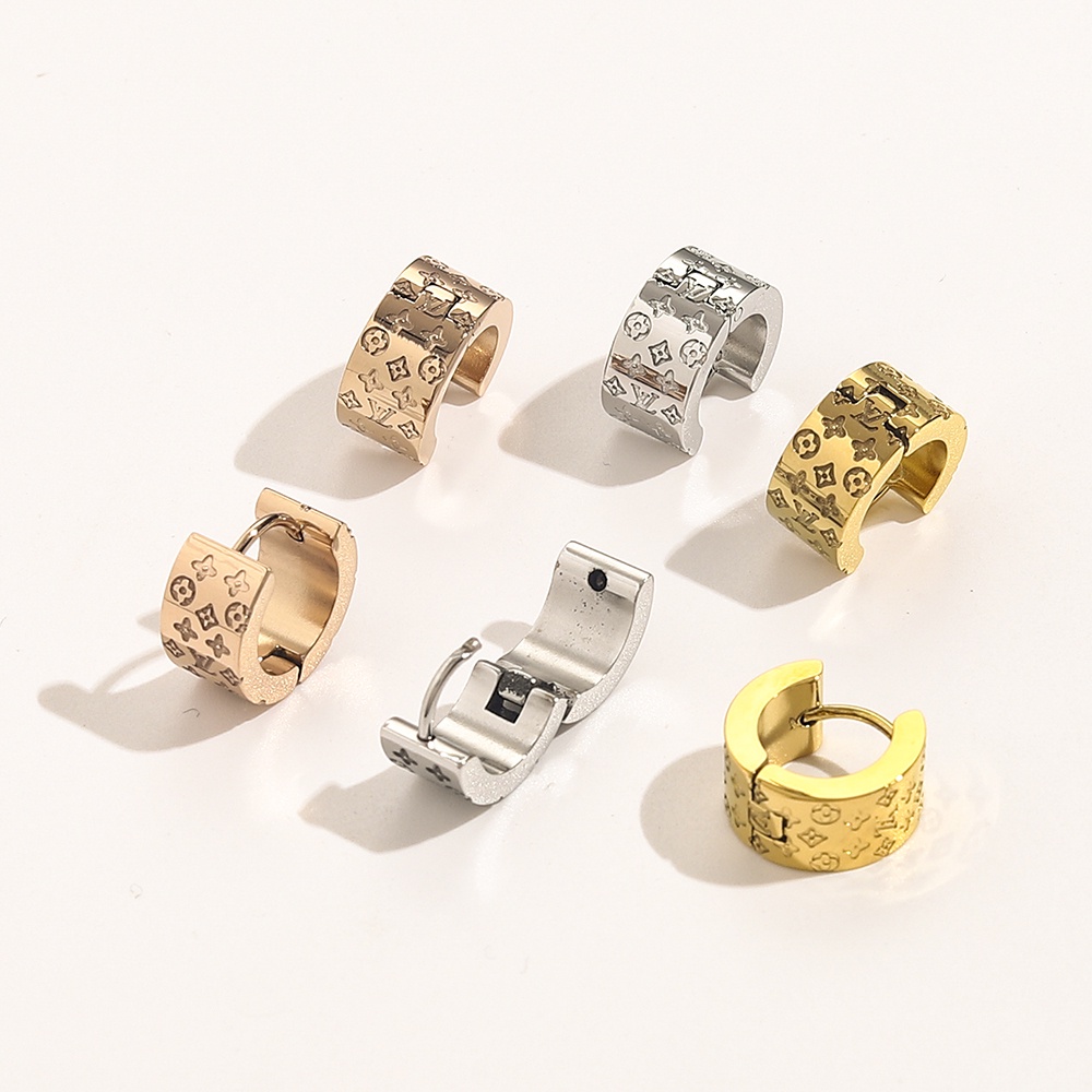 LOUIS VUITTON Khuyên Tai Tròn Bằng Thép Titan In Logo LV Thời Trang