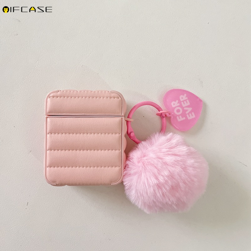 Vỏ Bảo Vệ Hộp Sạc Tai Nghe Airpods 1 2 3 Pro Kết Nối Bluetooth Không Dây Chất Liệu Da Màu Hồng Phối Lông Dễ Thương