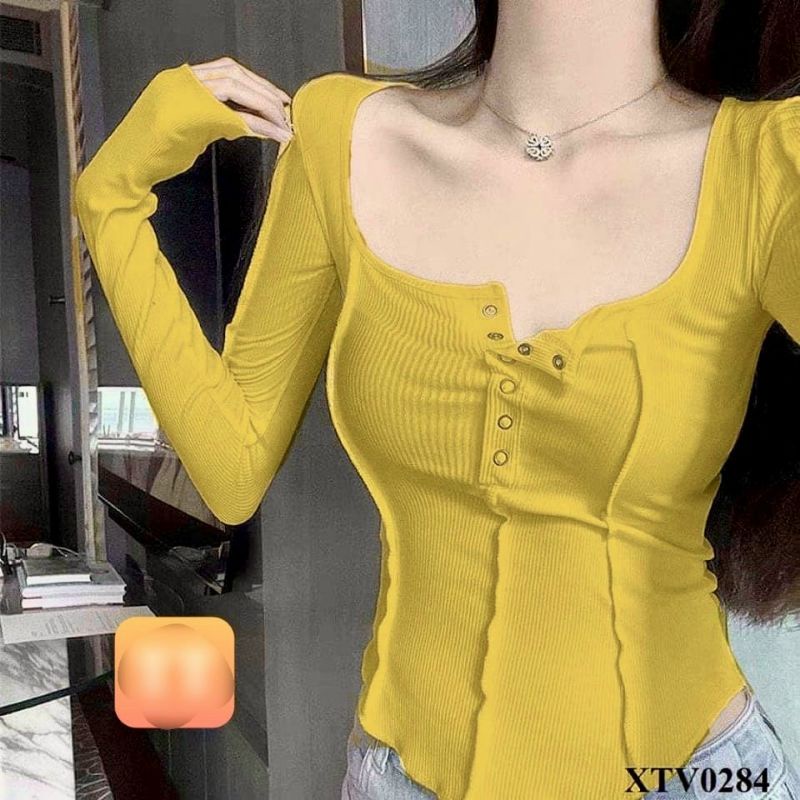 Áo thun nữ nút bấm vải ken gân đẹp Hot 2022A15