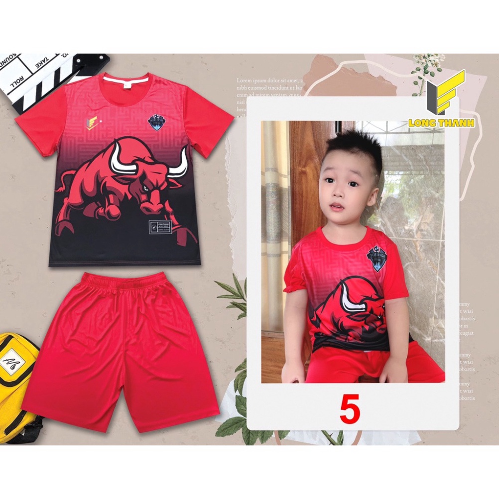 M5-Bộ Đồ Đá Banh Màu Đỏ in Bò Tót Full Size Từ 12-75kg Cho Bé Hàng Việt Nam