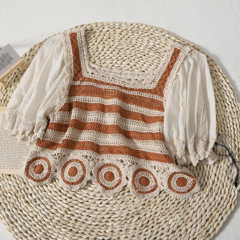 Whi Áo Crop Top Dệt Kim Tay Ngắn Phồng Cổ Vuông Phối Ren Rỗng Họa Tiết Kẻ Sọc Màu Sắc Tương Phản Thời Trang Mù