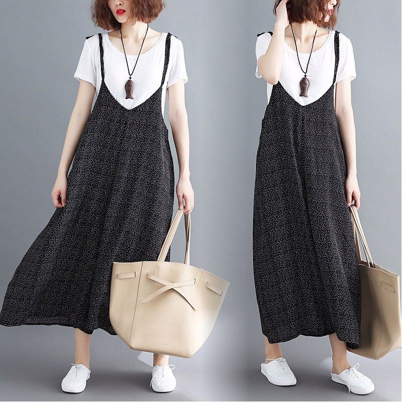 [ORDER] Quần yếm nữ bigsize ống rộng họa tiết đen chấm bi (fit 70kg) - Có ảnh thật