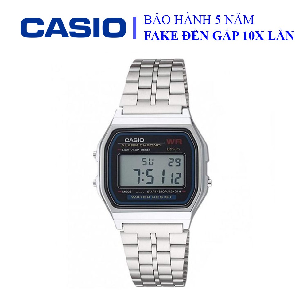 Đồng hồ Casio nữ dây sắt thể thao,điện tử, trắng bạc ánh kim sang trọng, chống nước WR30M đi bơi (A159WA-N1DF)