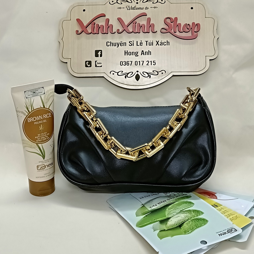 Túi xách nữ ĐẸP, kẹp nách có dây đeo chéo phối dây xích vàng size 20 da mềm ảnh thật, PHỤ KIỆN THỜI TRANG-FASHION ACCESS