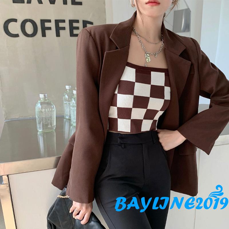 Áo lửng hai dây họa tiết kẻ ô vuông màu nâu/đen thời trang cho nữ