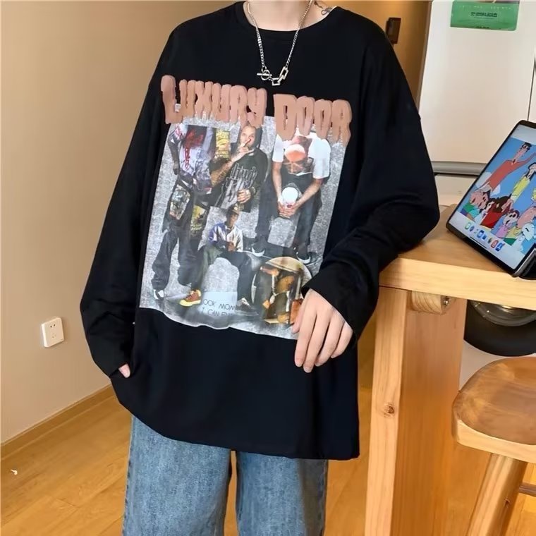 Áo Thun Tay Dài Cổ Tròn Dáng Rộng In Chữ Phong Cách Hip Hop Hàn Quốc Thời Trang Cho Nam Size M-5XL
