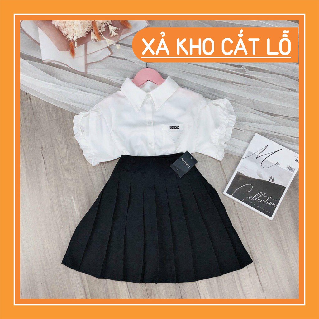 Dọn kho 1132A22B1 Áo sơ mi tay ngắn bồng vạt đắp phối bèo xinh xắn Dọn kho