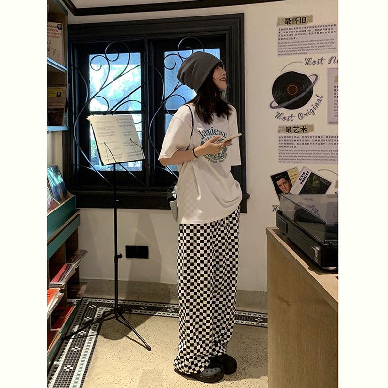 ☽Quần dài ống rộng họa tiết sọc caro cá tính cho nữ