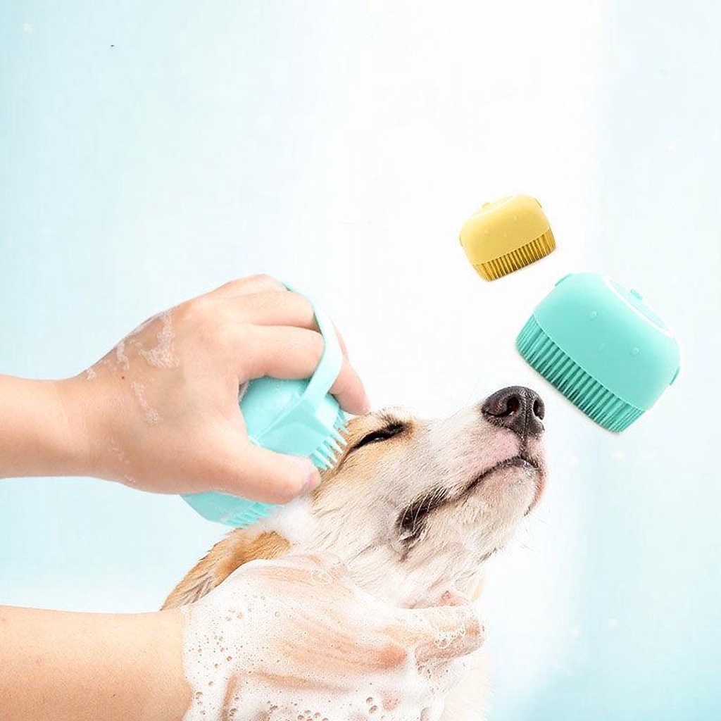 Bàn chải tắm massage cho chó mèo đầu silicon massage tạo bọt nhanh tiết kiệm nước có khay đựng sữa tắm - Kún Miu PetShop