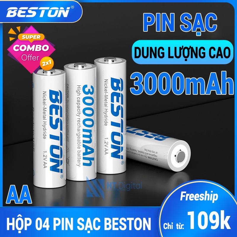 Pin Sạc AA Beston 3000mAh Vỉ 4 Pin Cho Micro Karaoke loa, đồ chơi trẻ em, đồng hồ treo tường