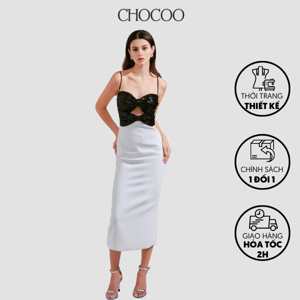 Đầm body dài tay CHOCOO Emerson Long Dress thiết kế cúp ngực nơ hạt cườm phối vai lưới lụa