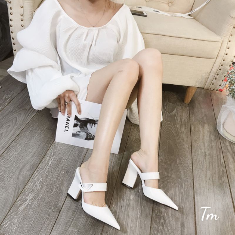 T(ẢNH THẬT) Guốc 8p Mũi Nhọn Prada Da Mềm Êm Fullbox Cao Cấp