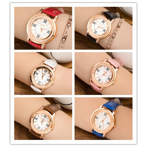 Đồng Hồ Analog Máy Quartz Nữ Mặt Đính Hột Xoàn Dây Da Thanh Lịch