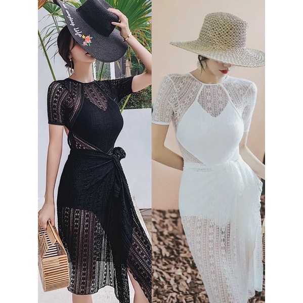 Đồ bơi nữ một mảnh hoạ tiết ren kèm khăn cuốn, áo tắm nữ liền thân với 2 màu đen và trắng, size 40-70kg