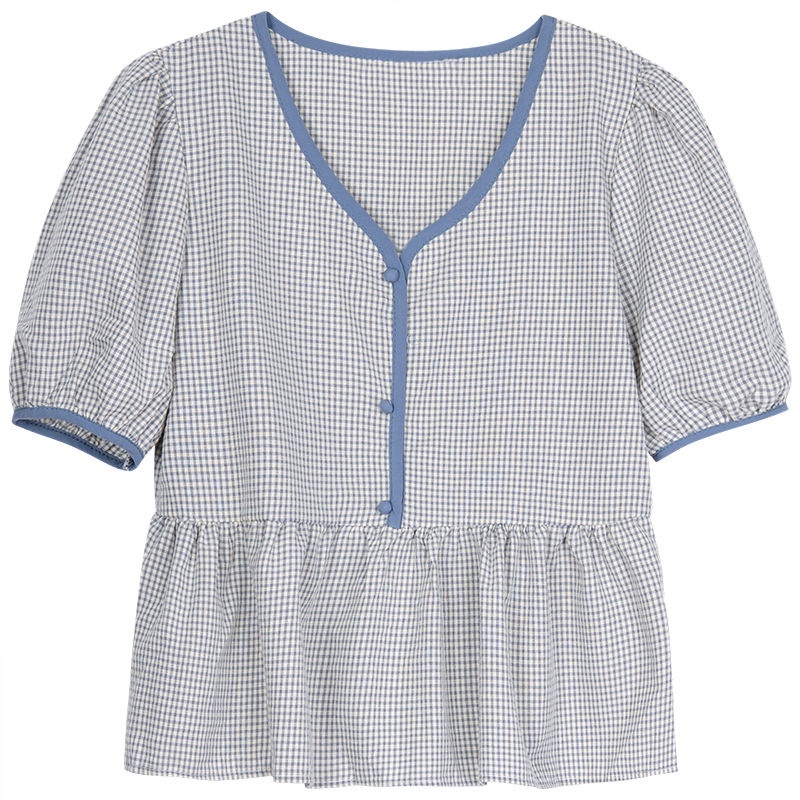 Áo tay ngắn cổ chữ V họa tiết caro thời trang mùa hè sang trọng dành cho nữ