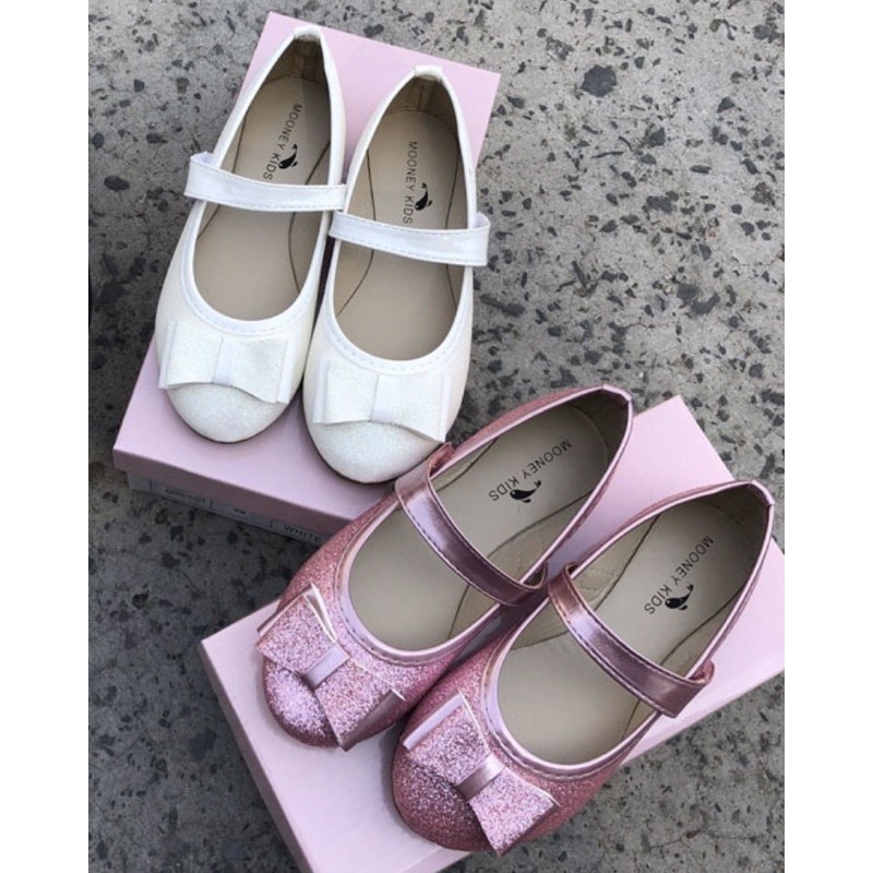 Giày búp bê tiểu thư hàng xuất Indo bé gái 2 màu hồng trắng nơ khâu