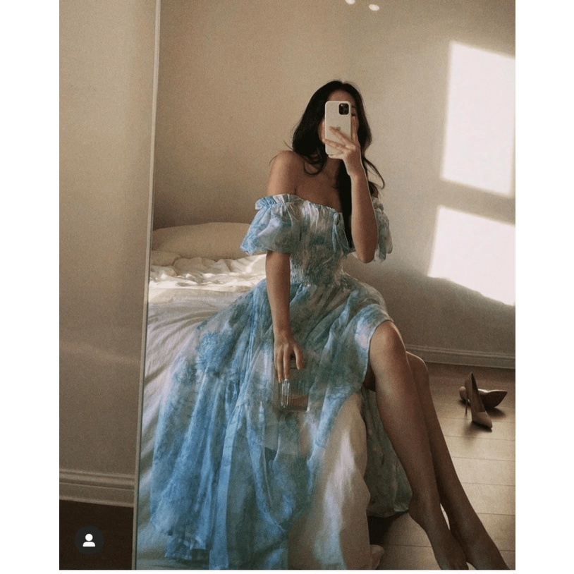 (Free ship) Đầm Voan Xanh Trễ Vai Dáng Xòe Đẹp Lung Linh UP HHP Fashion