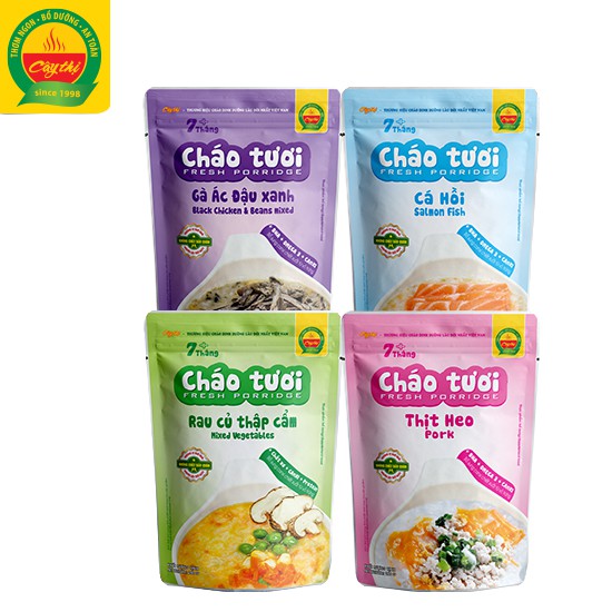 Combo 4 Gói Cháo Tươi Cây Thị Vị: Gà Ác Đậu Xanh, Cá Hồi, Rau Củ Thập Cẩm, Thịt Heo Bí Đỏ.