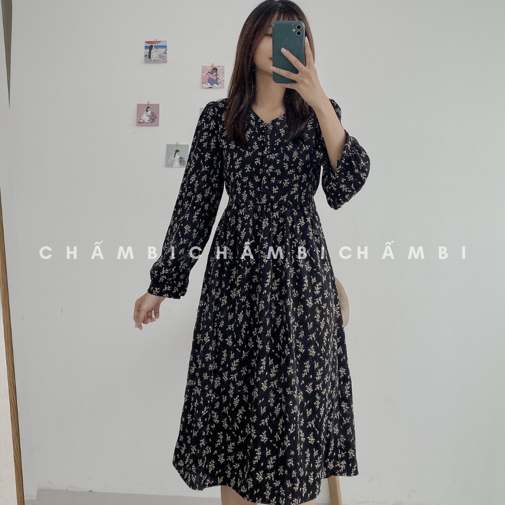 Đầm Babydoll Hoa Nhí Dài Tay Cúc Ngực Cổ V Freesize<53kg - V.046 | BigBuy360 - bigbuy360.vn