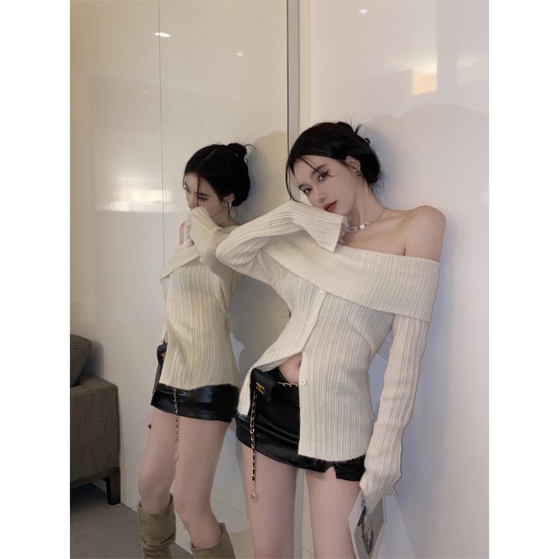 LALISAS Áo Len Tay Dài Hở Vai Màu Trơn Đơn Giản Thời Trang Hàn Quốc