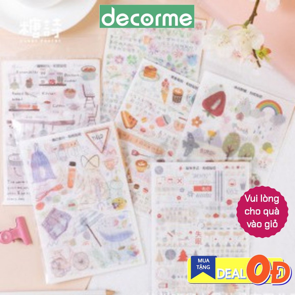 DecorMe Set 3 sticker lụa tự cắt hình dán dễ thương, trang trí sổ bullet journal