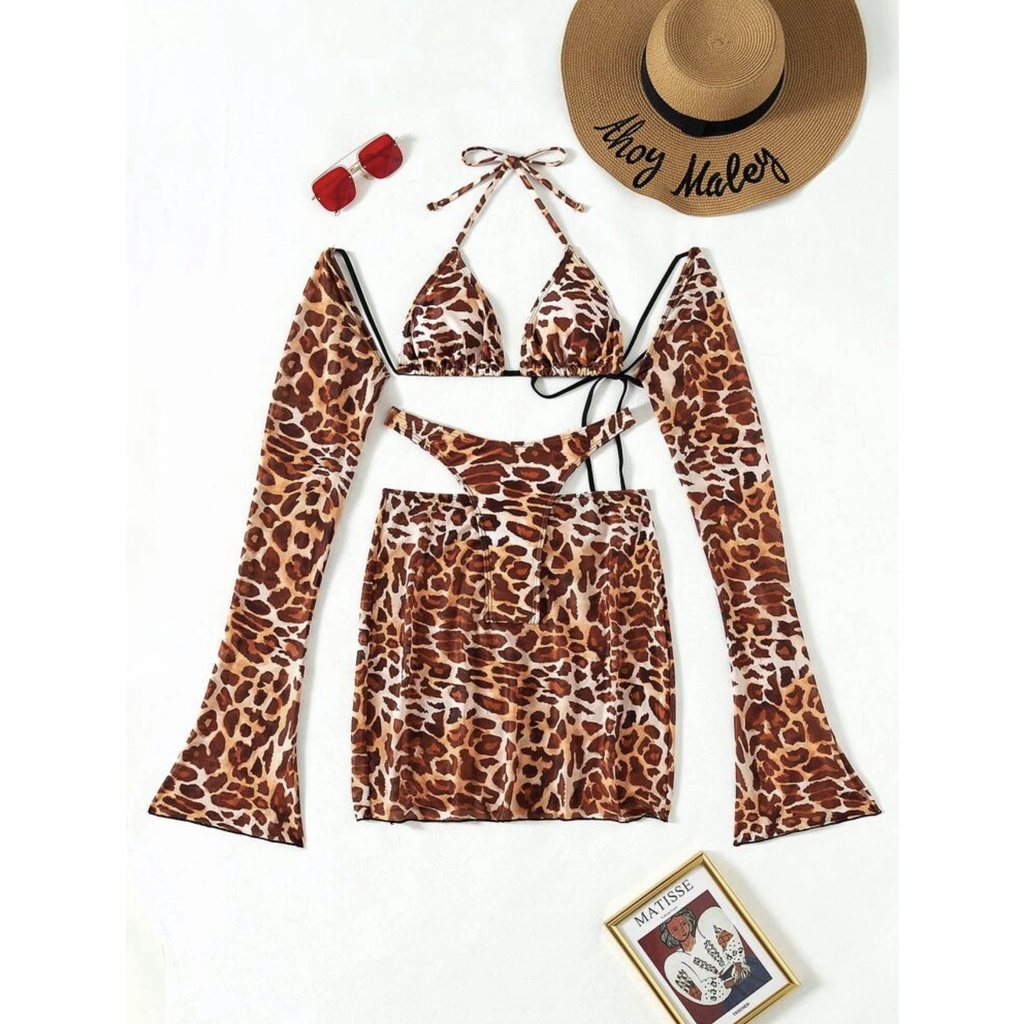 Bikini Âu Mỹ hoạ tiết da beo sexy gợi cảm 4 mảnh kèm tay dài chống nắng và váyche kín đáo hàng cao cấp