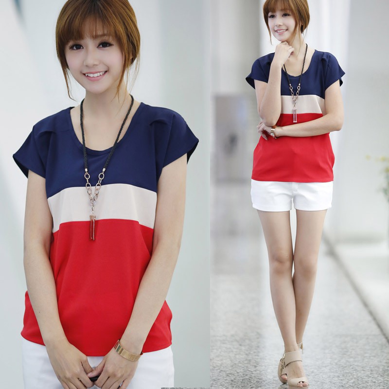 Áo thun tay ngắn kẻ sọc ngang phối màu năng động thời trang cho nữ | BigBuy360 - bigbuy360.vn