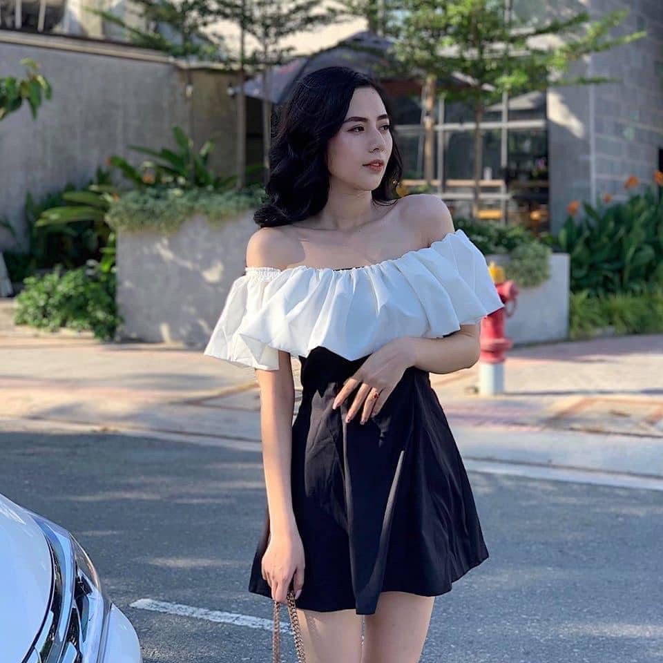 ĐẦM ANGELA TRỄ VAI PHỐI MÀU TRẮNG ĐEN - Váy Nữ Trễ Vai Bèo Trắng - ĐẦM ĐEN XOÈ BỆT VAI