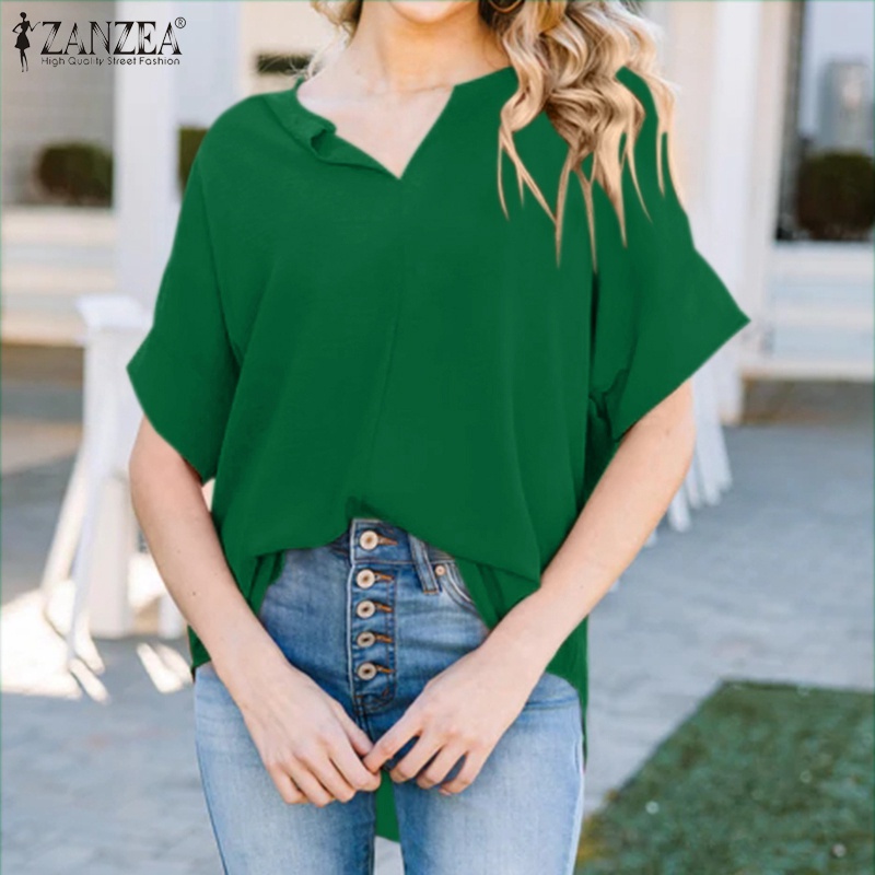 Áo Sơ Mi Nữ Tay Lửng Cổ Chữ V Màu Trơn Phong Cách Vintage ZANZEA