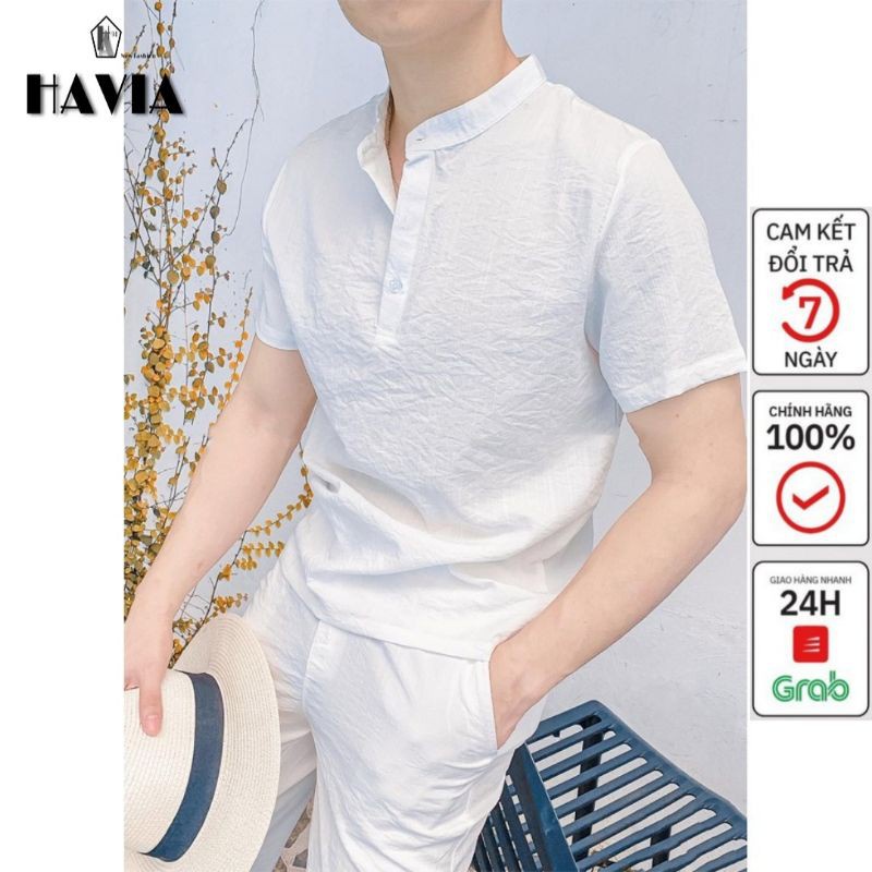 Áo Đũi Nam Cộc Tay Cổ Tàu Vải Đũi Thái, Form Chuẩn Mặc Mát Lạnh AD63 - Hàng nhập khẩu