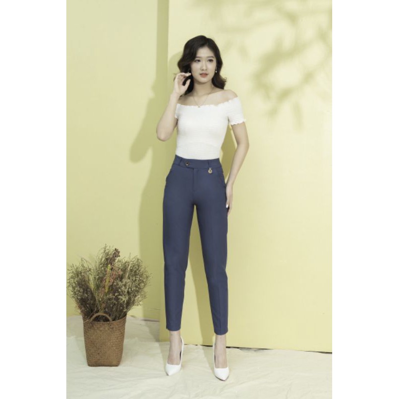 Quần vải nữ công sở cạp cao ống đứng kèm đai màu xanh Chất vải 2 Biên mềm - Quần tây nữ lưng cao đi học sinh dáng baggy