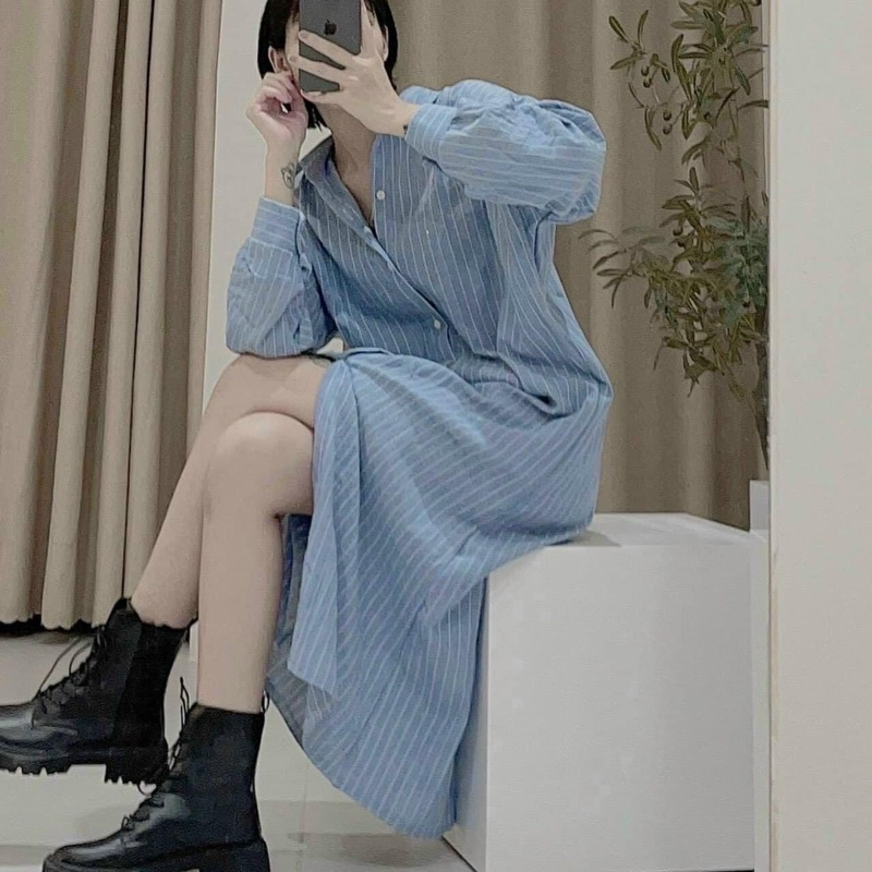 Đầm Váy Sơ Mi Kẻ Sọc Hàn Quốc thiết kế cổ bẻ form rộng freesize tay dài chất vải dày dặn ullzang vintage