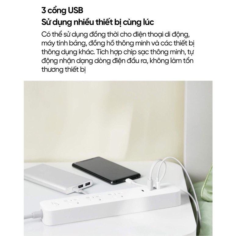 Ổ Cắm Điện Xiaomi Mi Power Strip XMCXB01QM tích hợp 3 cổng sạc USB CHÍNH HÃNG FULLBOX