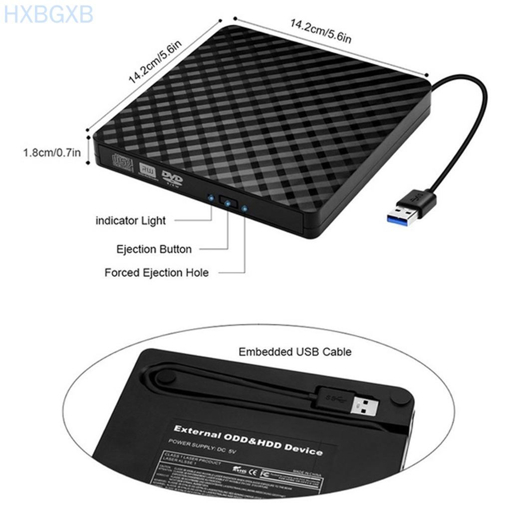 HXBG PC Laptop External USB 3.0 DVD RW CD Writer Portable Optical Drive Burner Reader Player Tray