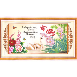 Tranh thêu chữ thập chưa thêu có kết hạt cườm, hạt đá lớn và chỉ tơ tằm Vợ Chồng Nghĩa Nặng Tình Sâu,
