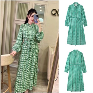 Váy sơ mi suông dài maxi họa tiết xanh ngọc