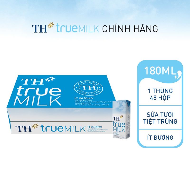 Thùng sữa tươi tiệt trùng TH True Milk Ít Đường hộp 180ml (48 hộp) &quot;GIÁ BÁN ĐÃ TRỪ KHUYẾN MÃI&quot;