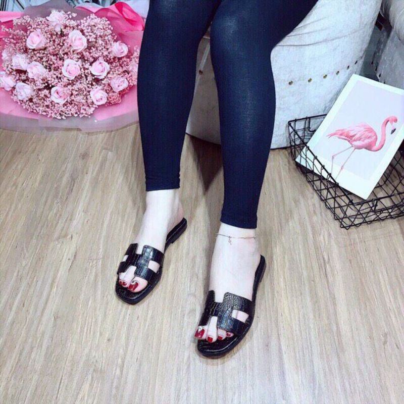Sỉ lẻ dép lê H da rắn đế bệt, đế bằng thời trang đế thấp
