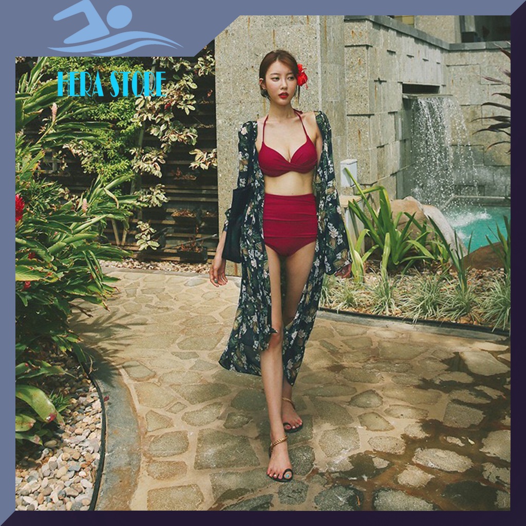 Bikini tắm biển 2 mảnh màu đỏ, quần cạp cao STORE HERA BKN06