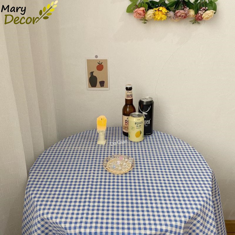 Khăn trải bàn ăn Mary Decor bằng vải lanh cotton chống bụi - caro xanh blue KB-I03