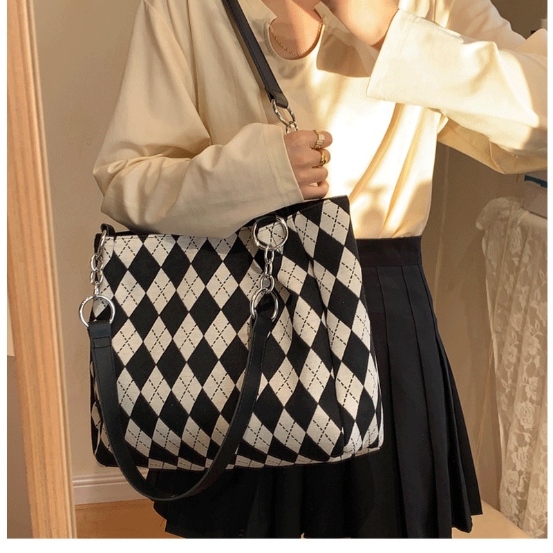 Dela Túi Xách tote canvas Sọc Caro Trắng Đen Sức Chứa Lớn Thời Trang Chất Lượng Cao Cho Nữ